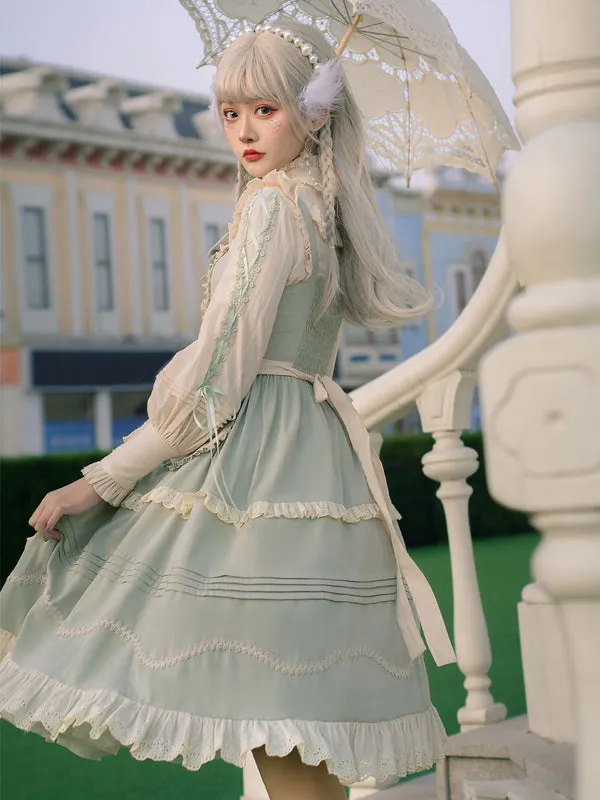 Sweet Lolita JSK Dress Mint Green Sleeveless Bows Lace Up Lolita Jumper Skirts