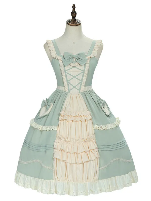 Sweet Lolita JSK Dress Mint Green Sleeveless Bows Lace Up Lolita Jumper Skirts