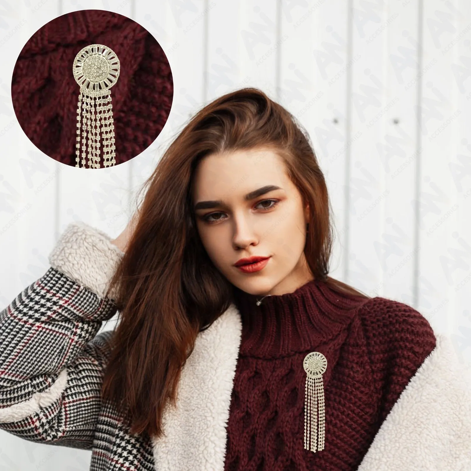 Tassel Rhine Stone Silver Brooch for Men & Women Fashion