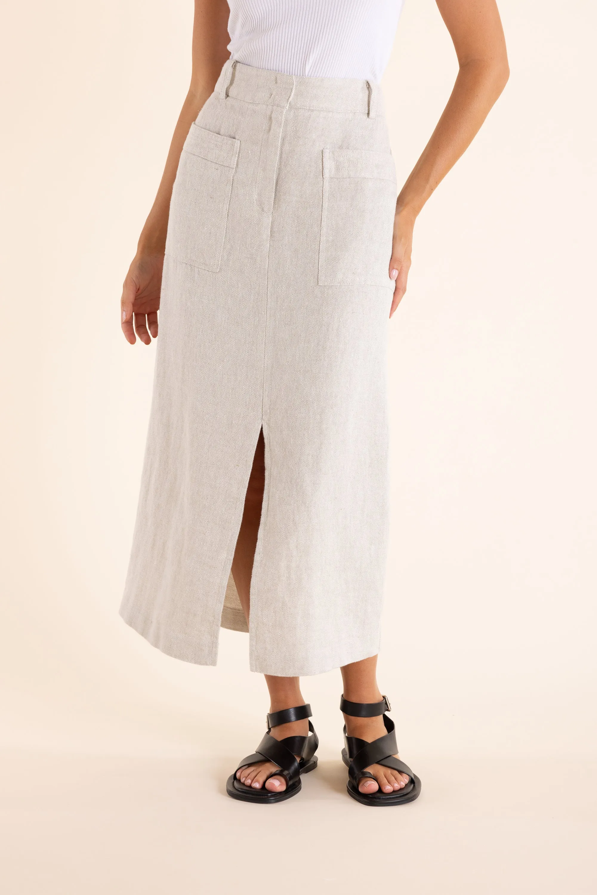 Textured Linen Midi Skirt - Natural Flax