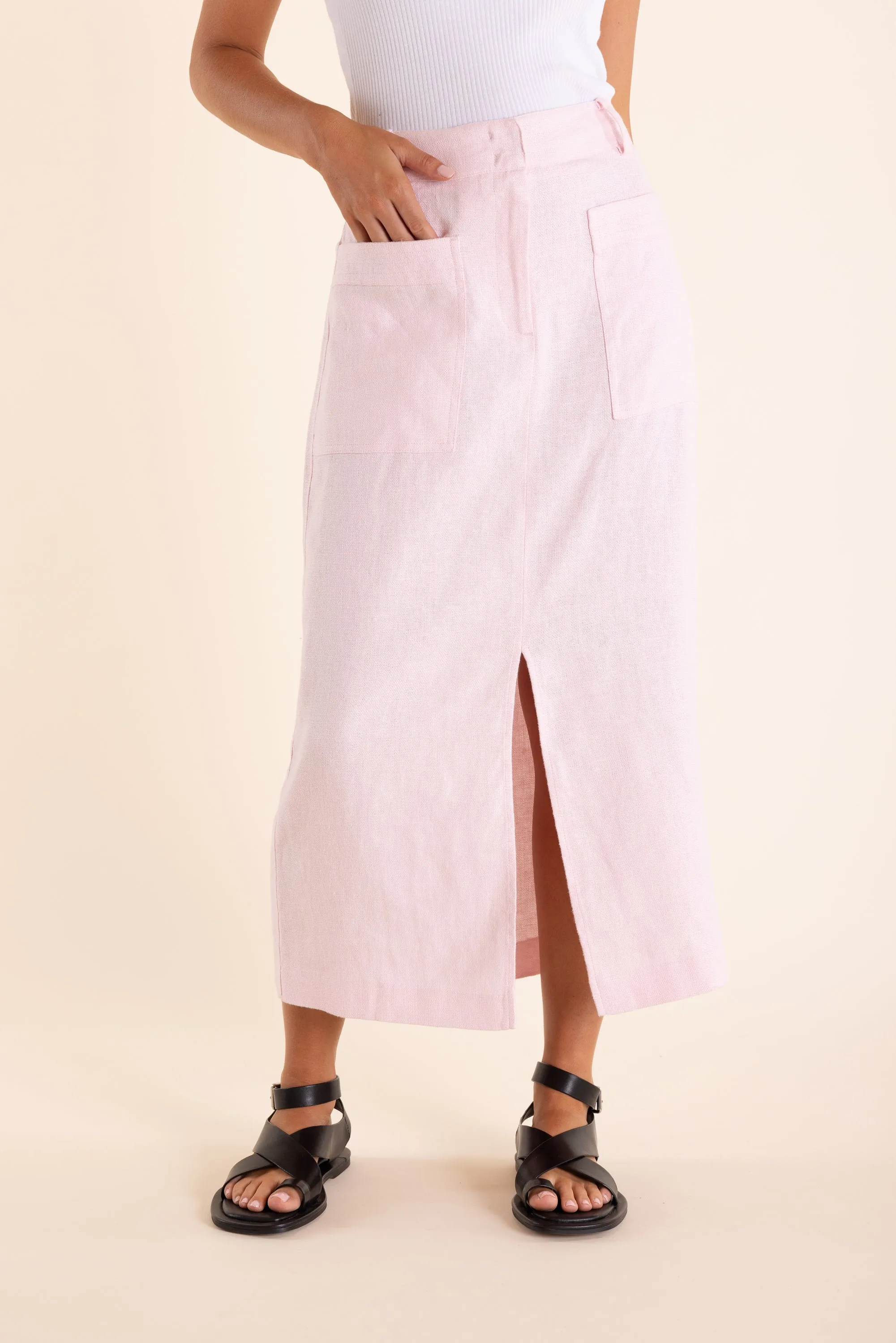 Textured Linen Midi Skirt - Pink Rose