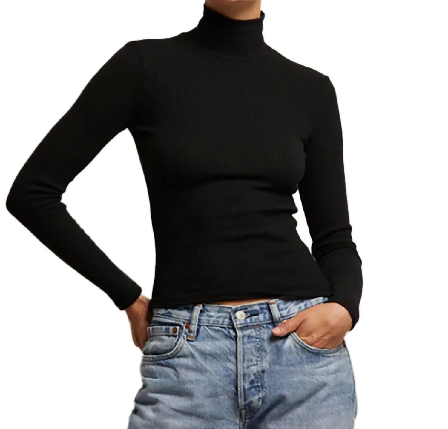 Turtleneck Rib Long Sleeve Top In True Black