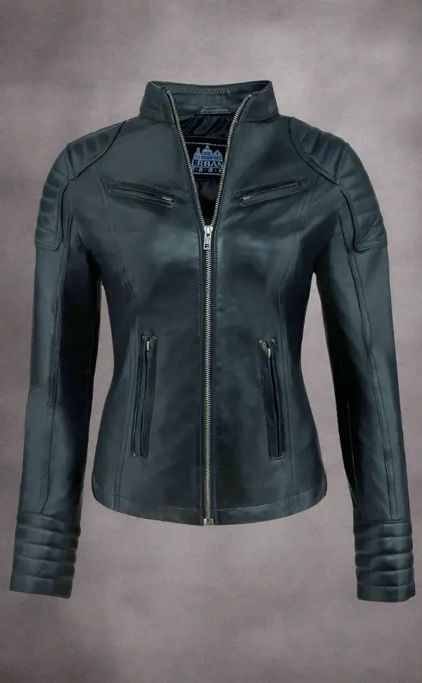 Urban 5884 Ladies Angelina Biker Black Lambskin Leather Short Jacket with Zippered Pockets and Fitted Silhouette