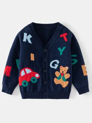 Vibrant Cartoon Character Jacquard Knit Sweater Cardigan - Soft, Cozy, and Classic Button-Front V-Neck Design - Perfect for Little Ones, Ideal for Chilly Fall and Winter Days