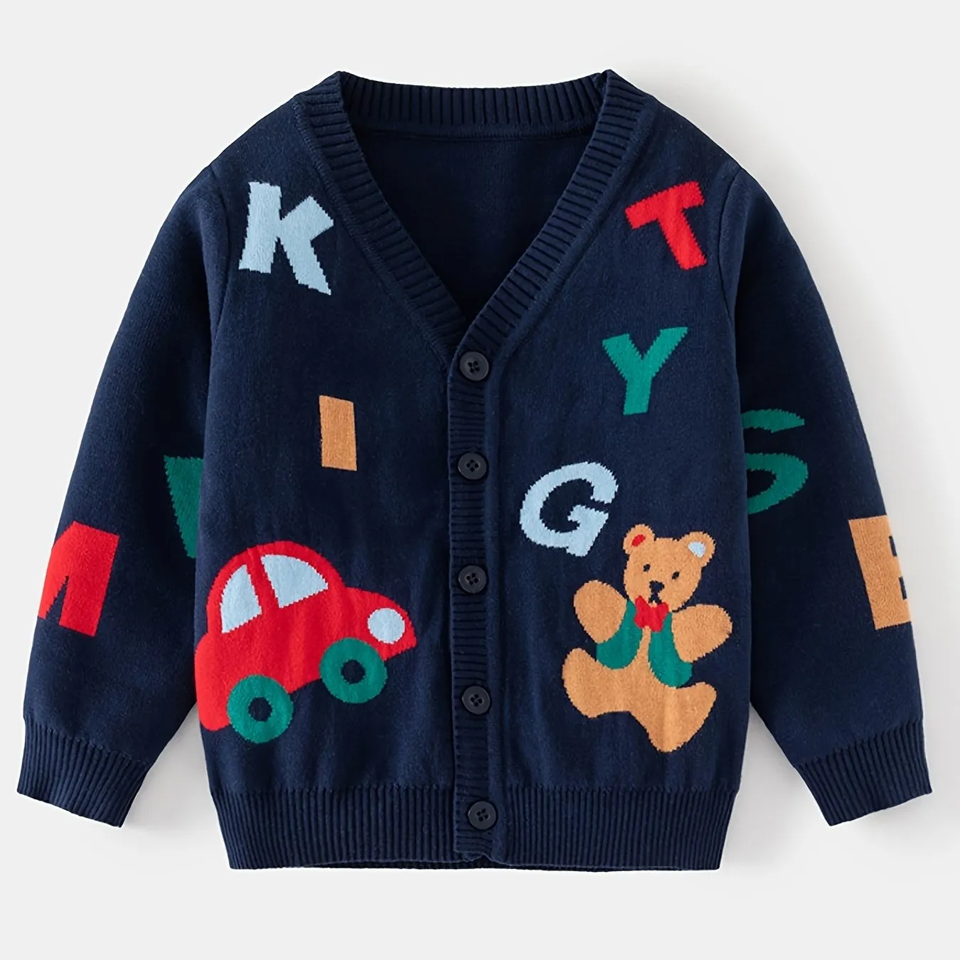 Vibrant Cartoon Character Jacquard Knit Sweater Cardigan - Soft, Cozy, and Classic Button-Front V-Neck Design - Perfect for Little Ones, Ideal for Chilly Fall and Winter Days