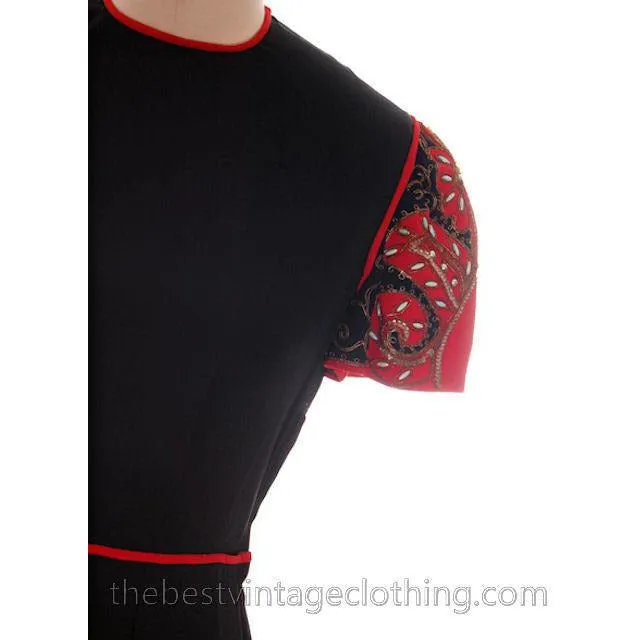 Vintage 1940s Dress Black Rayon Fabulous Red Embellished Sleeves Medium