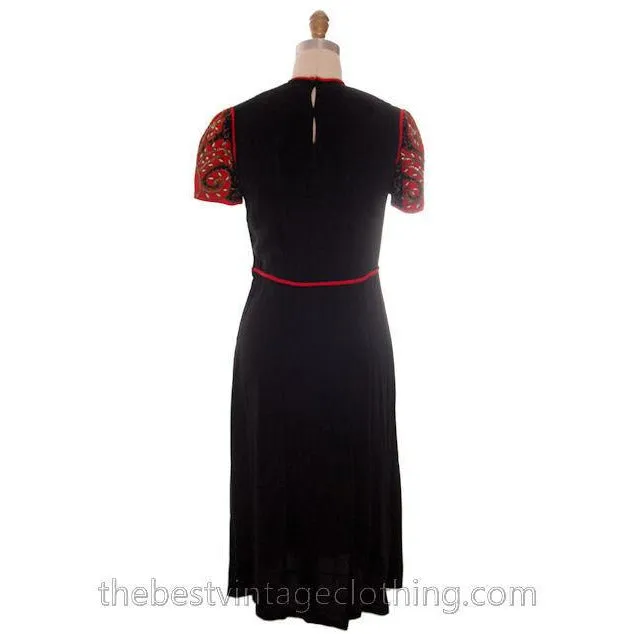 Vintage 1940s Dress Black Rayon Fabulous Red Embellished Sleeves Medium