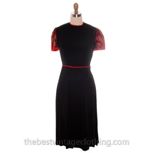 Vintage 1940s Dress Black Rayon Fabulous Red Embellished Sleeves Medium