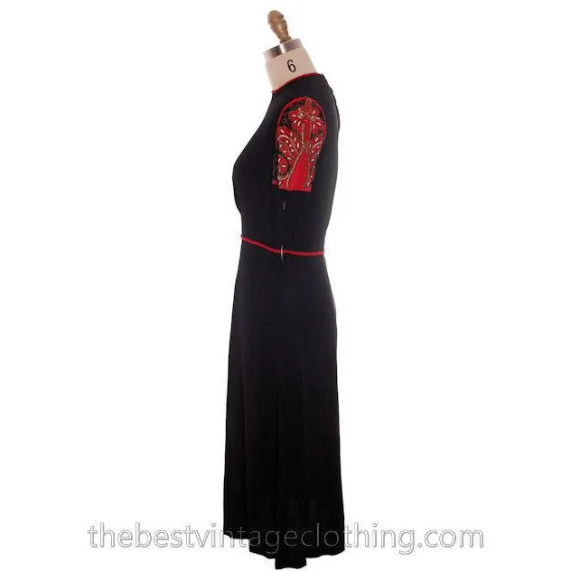 Vintage 1940s Dress Black Rayon Fabulous Red Embellished Sleeves Medium