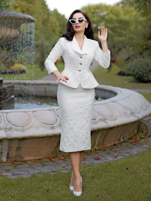 Vintamour Women's Vintage Elegant 2pcs Suit Set - V-Neck Jacquard Textured Long Sleeve Jacket