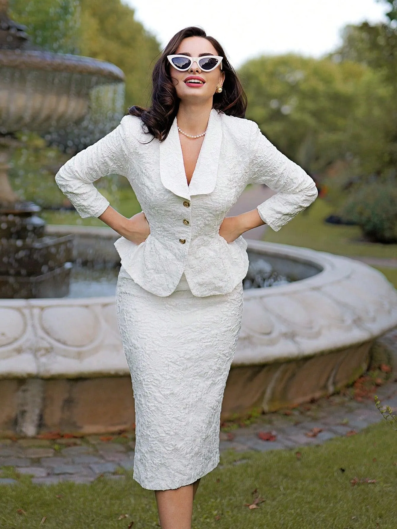 Vintamour Women's Vintage Elegant 2pcs Suit Set - V-Neck Jacquard Textured Long Sleeve Jacket