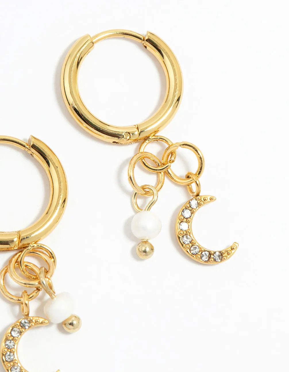 Waterproof Gold Plated Stainless Steel Freshwater Pearl & Moon Huggie Earrings