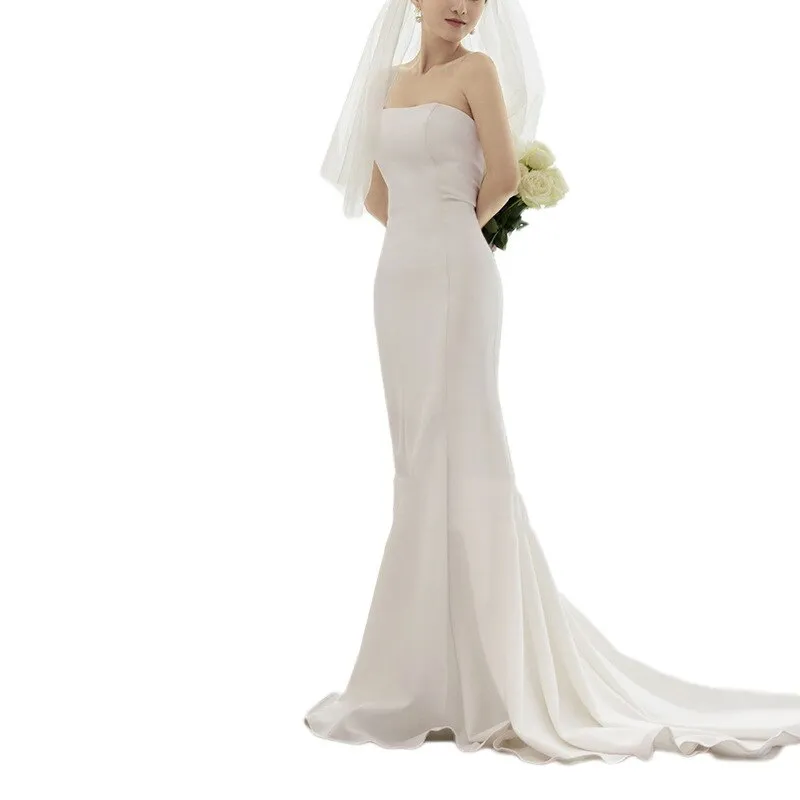 Wedding Dresses Satin Strapless Sleeveless Small Train