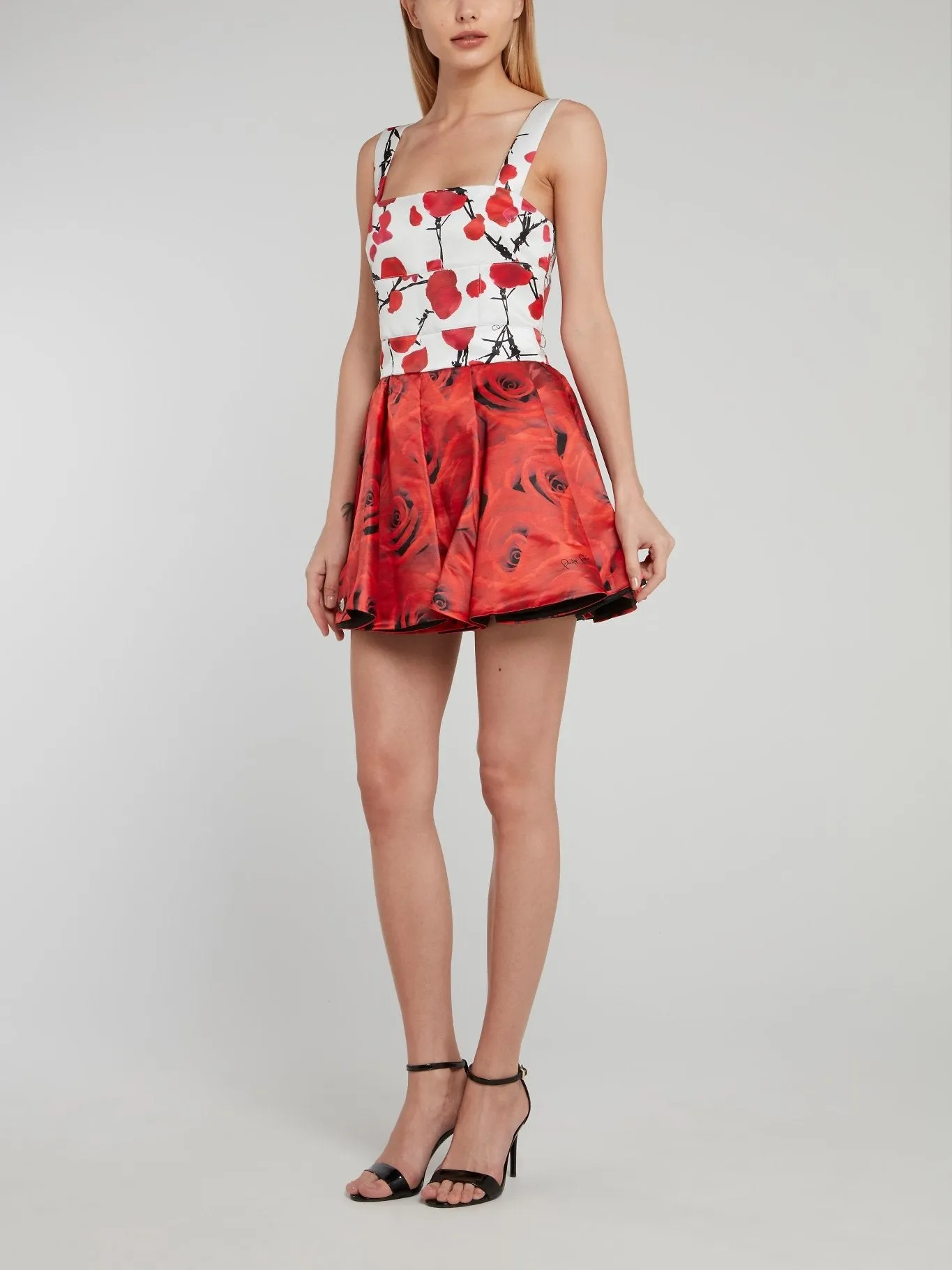 White Bodice Rose Print Pleated Dress