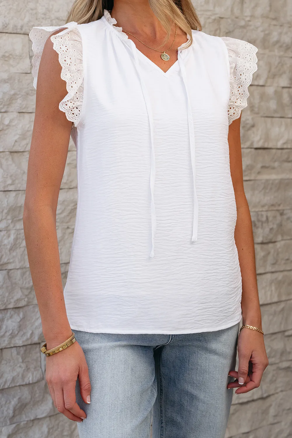 White Embroidered Ruffle Trim Textured Blouse for Women