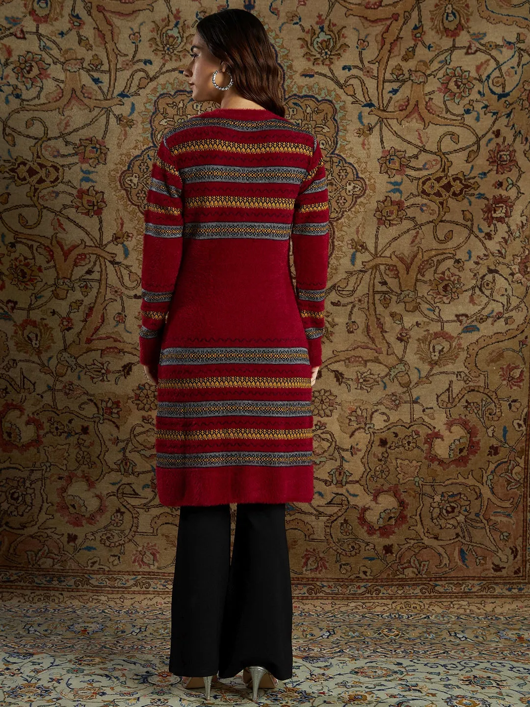 Women Maroon & Mustard Stripe Hair Wool Straight Kurta