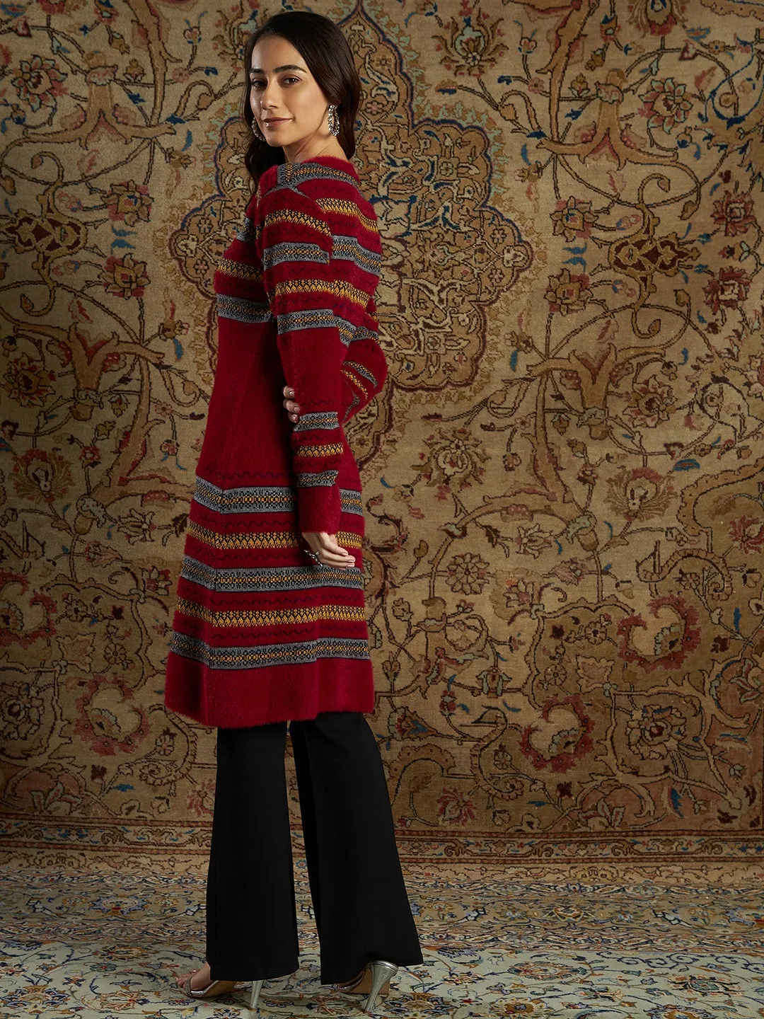 Women Maroon & Mustard Stripe Hair Wool Straight Kurta