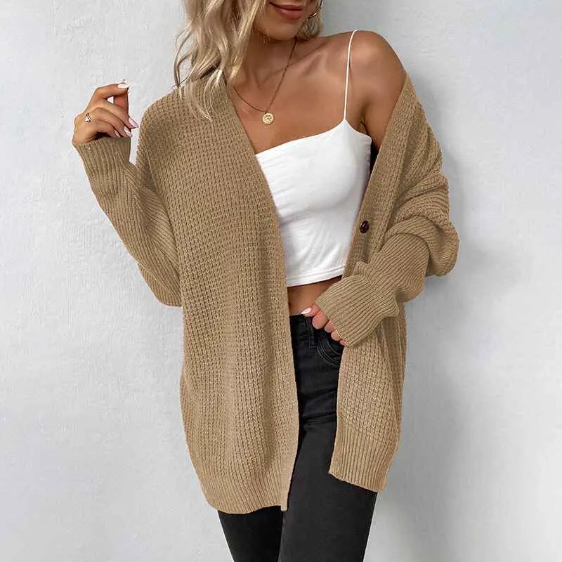 Women's Button Down Vee Neck Long Sleeve Rib Knit Cardigan Sweaters K473