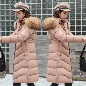 Women's Fashion Down Cotton Padded Jacket Long Style Over The Knee Thickened Warm Women's Parka Coat Hooded Fur Collar Coat