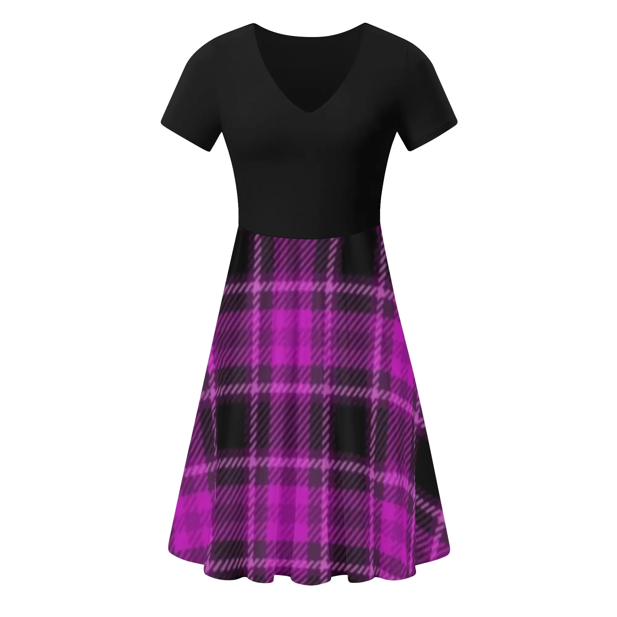 ﻿Women's Gothic Pink and Black Plaid V-neck Short Sleeve Sundress