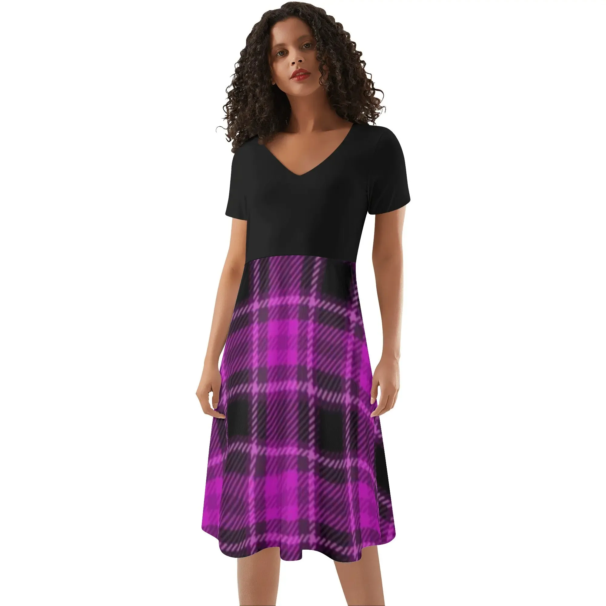 ﻿Women's Gothic Pink and Black Plaid V-neck Short Sleeve Sundress