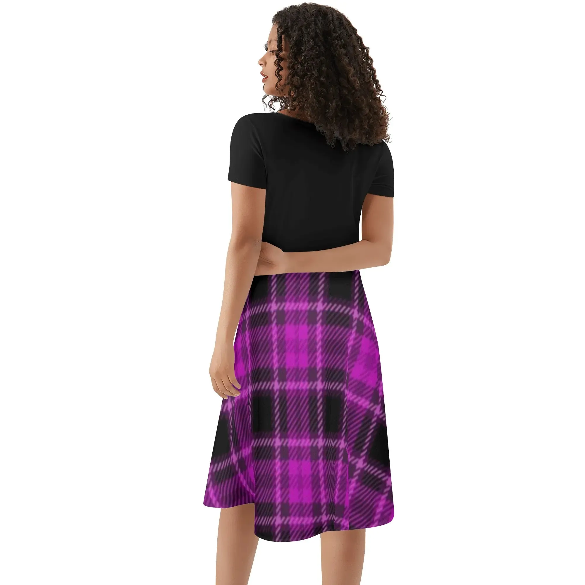 ﻿Women's Gothic Pink and Black Plaid V-neck Short Sleeve Sundress
