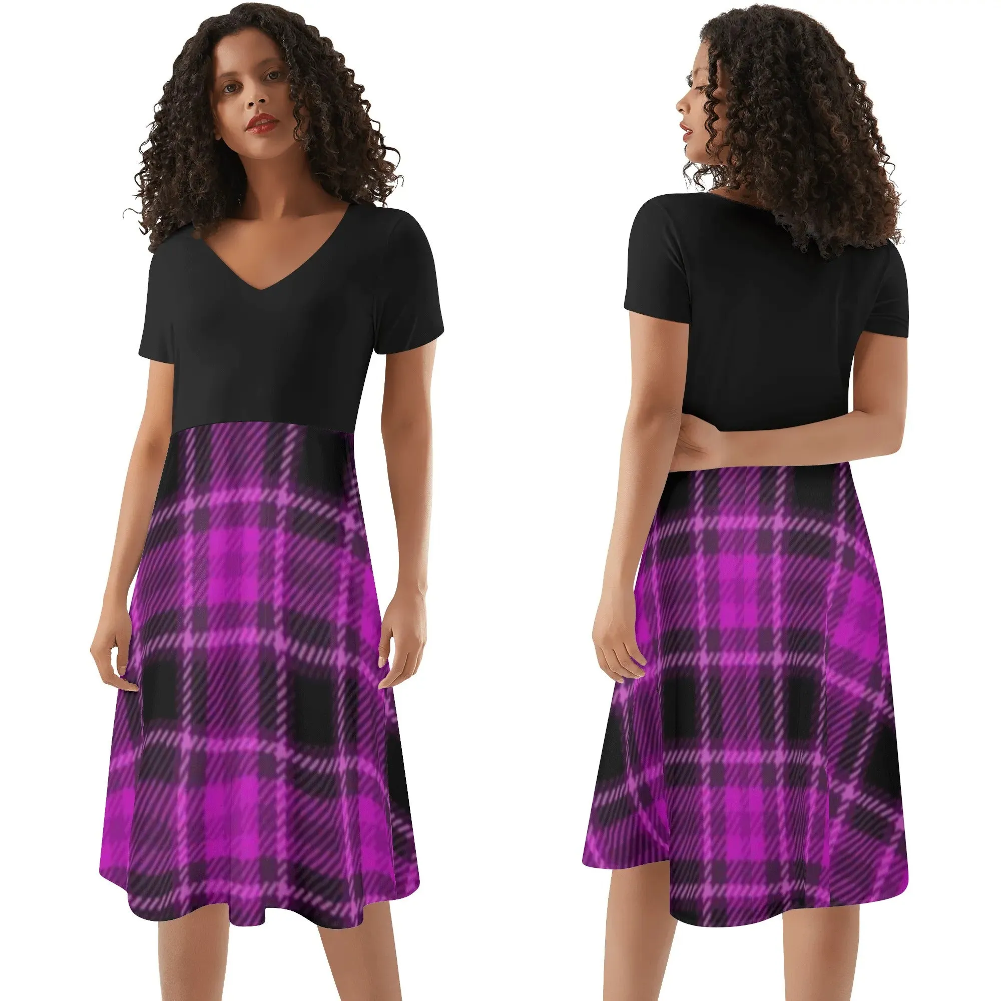﻿Women's Gothic Pink and Black Plaid V-neck Short Sleeve Sundress
