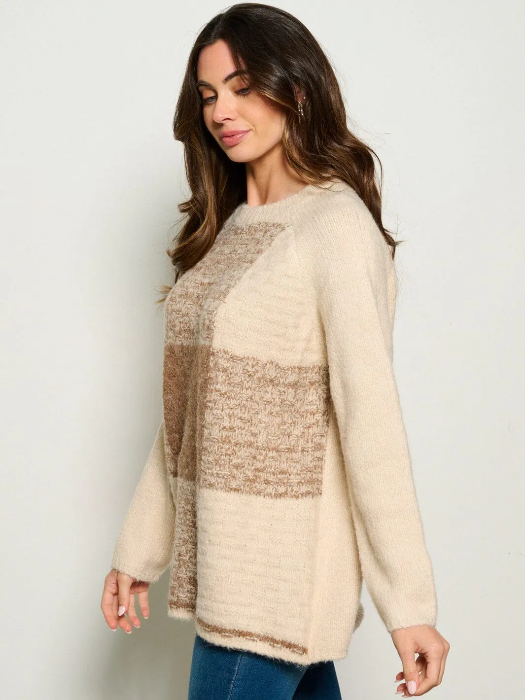 WOMEN'S LONG SLEEVE CHEKERS COLORBLOCK PULLOVER SWEATER