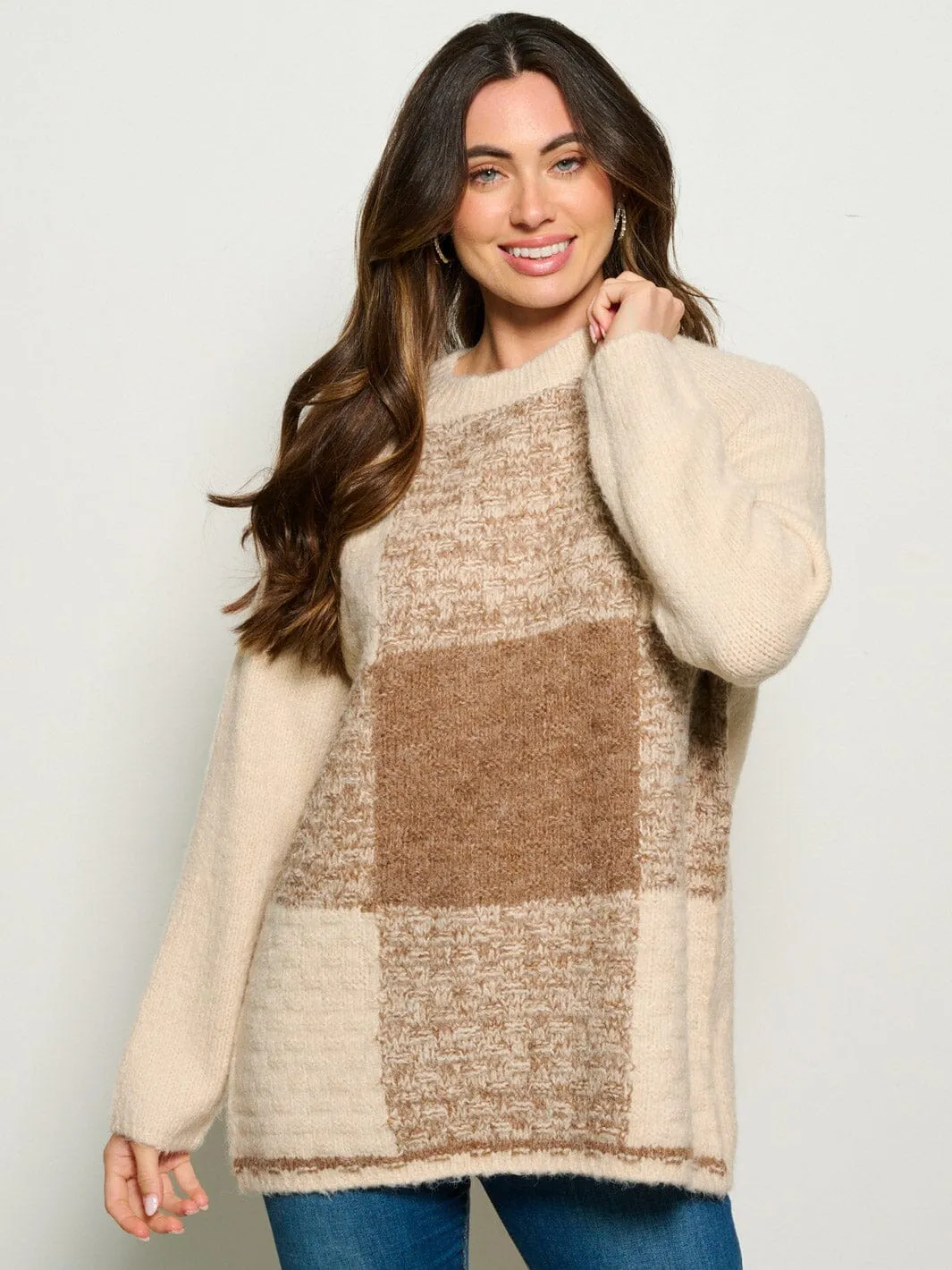 WOMEN'S LONG SLEEVE CHEKERS COLORBLOCK PULLOVER SWEATER
