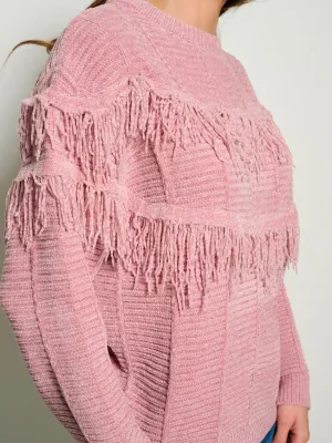 WOMEN'S LONG SLEEVE FRINGE TIERED DETAILED PULLOVER SWEATER