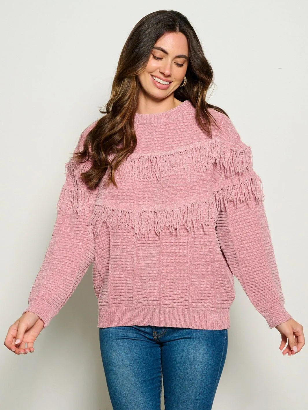 WOMEN'S LONG SLEEVE FRINGE TIERED DETAILED PULLOVER SWEATER