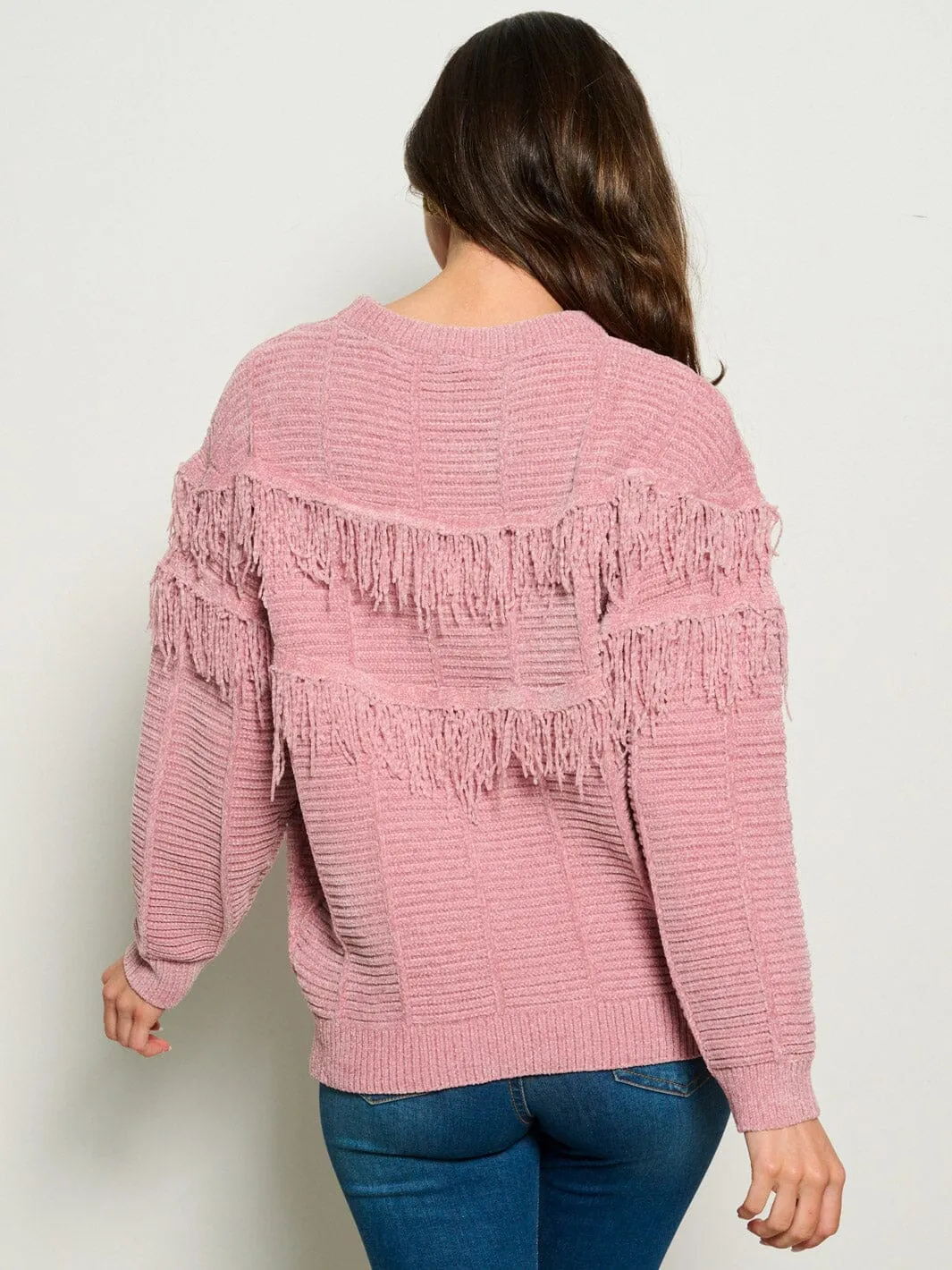 WOMEN'S LONG SLEEVE FRINGE TIERED DETAILED PULLOVER SWEATER