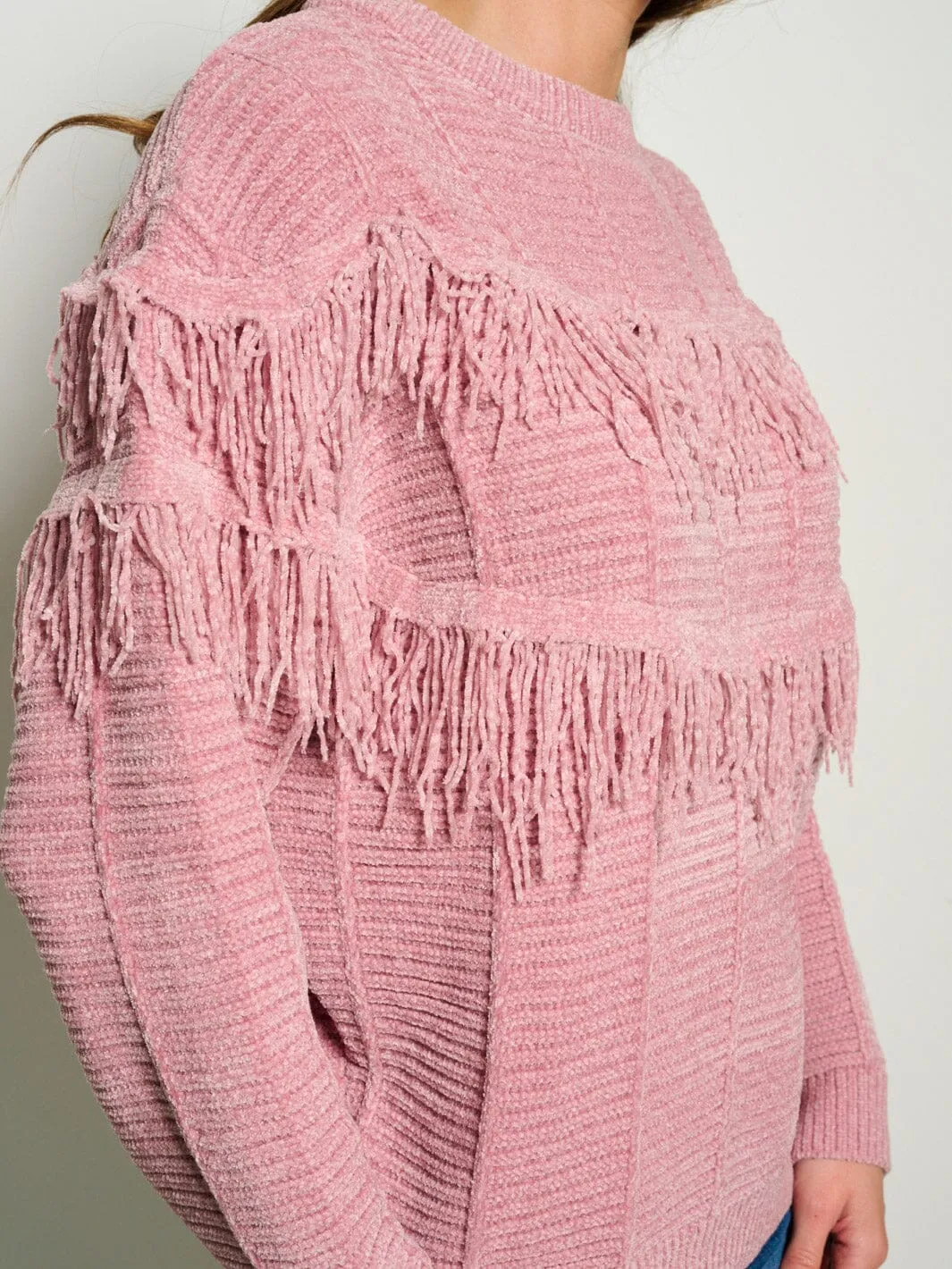 WOMEN'S LONG SLEEVE FRINGE TIERED DETAILED PULLOVER SWEATER