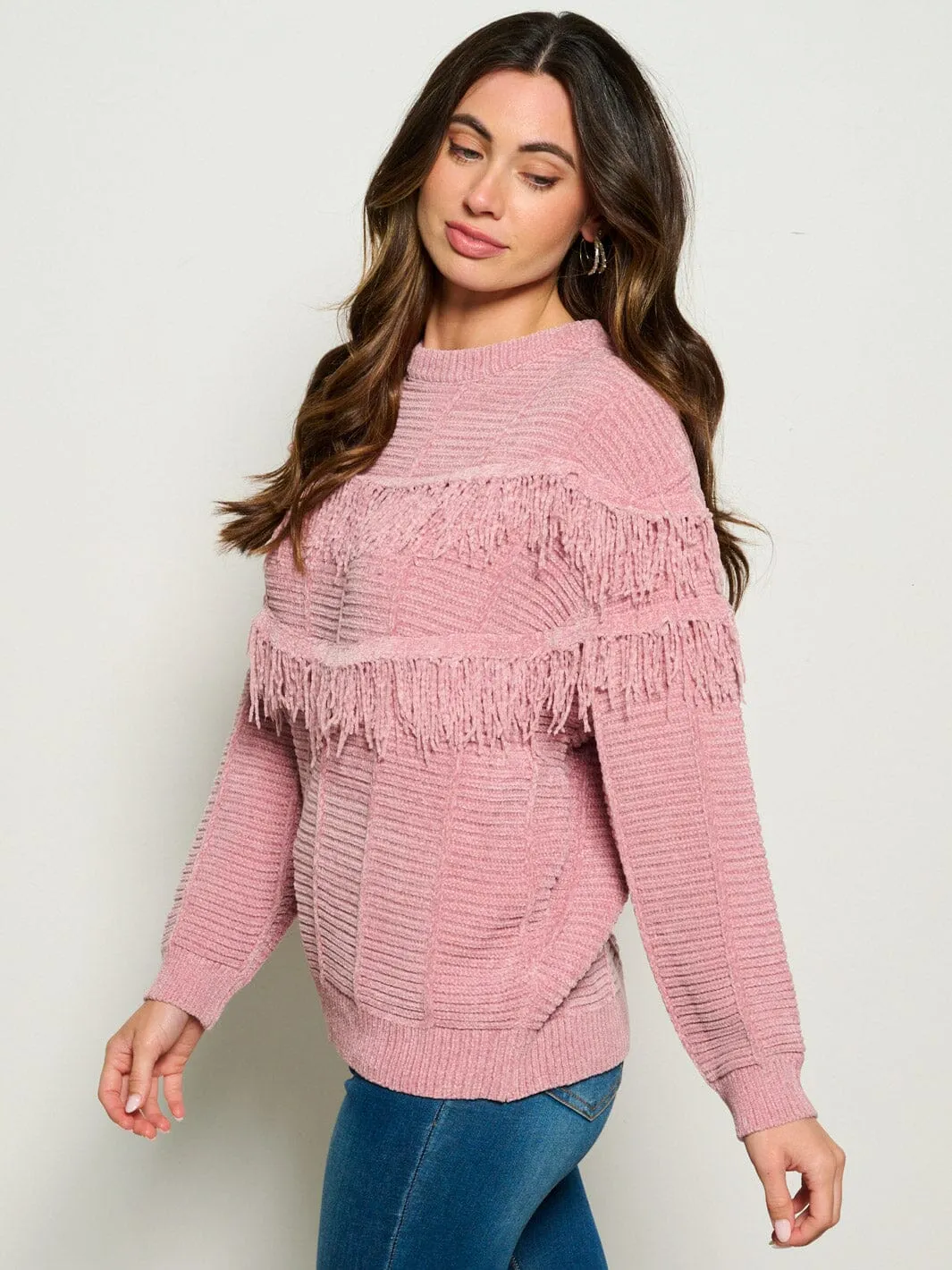 WOMEN'S LONG SLEEVE FRINGE TIERED DETAILED PULLOVER SWEATER