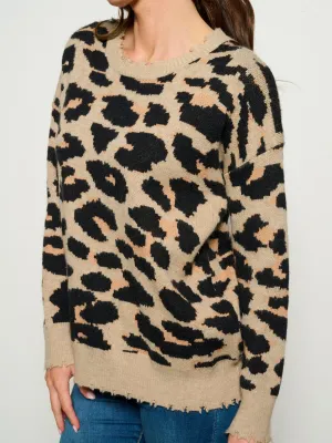 WOMEN'S LONG SLEEVE LEOPARD PRINT PULLOVER SWEATER