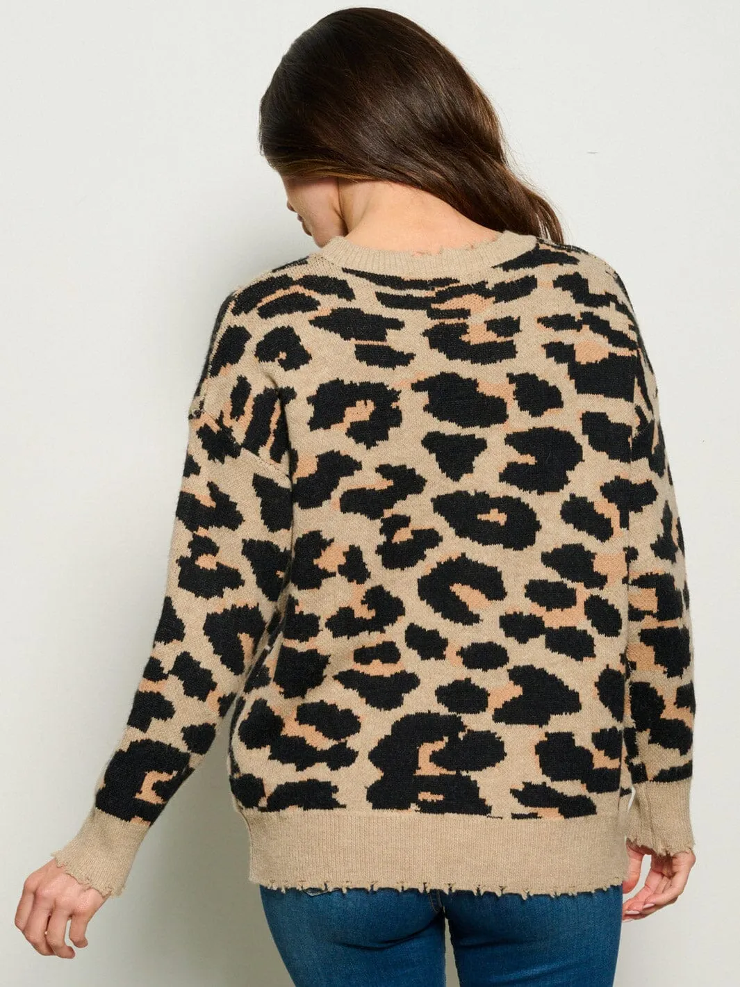 WOMEN'S LONG SLEEVE LEOPARD PRINT PULLOVER SWEATER