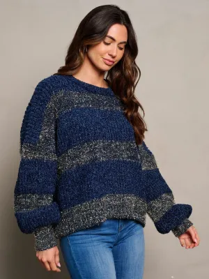 WOMEN'S LONG SLEEVE PULLOVER COLORBLOCK SHIMMER SWEATER