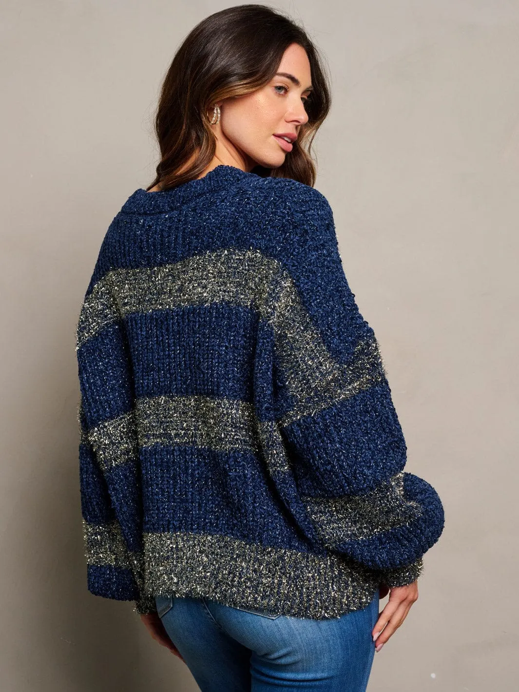 WOMEN'S LONG SLEEVE PULLOVER COLORBLOCK SHIMMER SWEATER