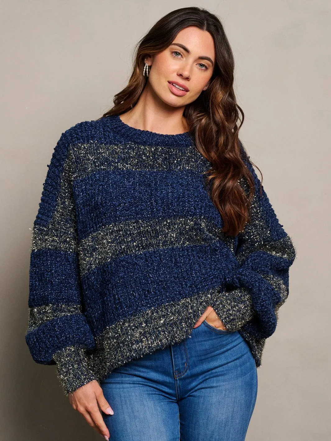 WOMEN'S LONG SLEEVE PULLOVER COLORBLOCK SHIMMER SWEATER