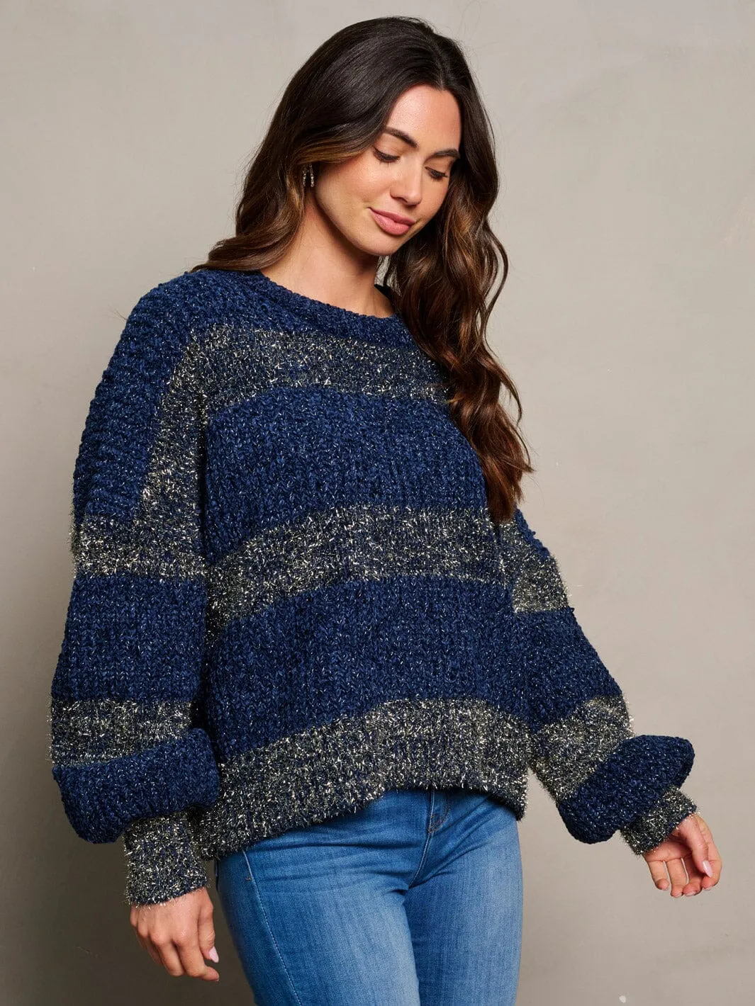 WOMEN'S LONG SLEEVE PULLOVER COLORBLOCK SHIMMER SWEATER