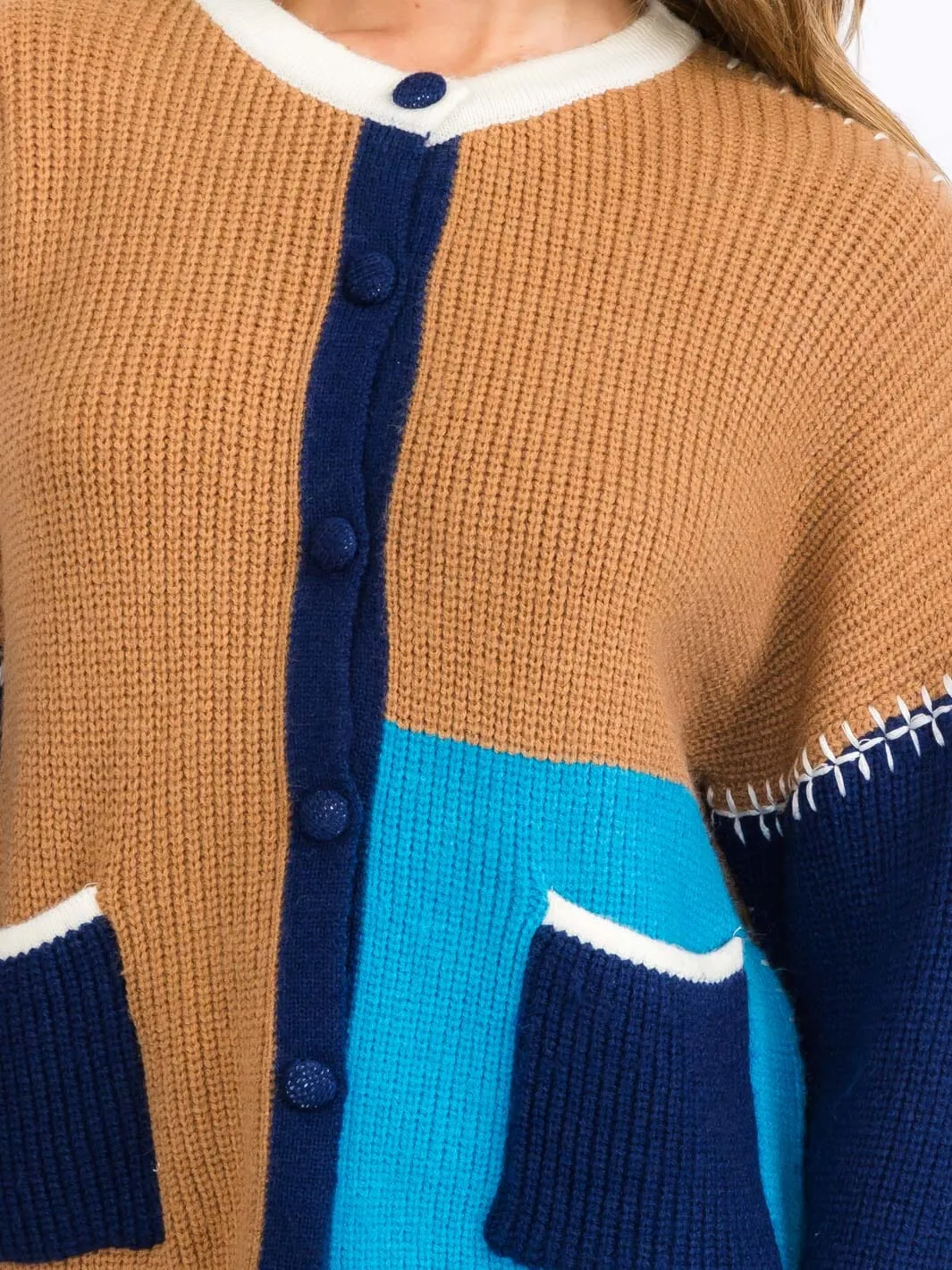 WOMEN'S LONG SLEEVES BUTTON UP COLORBLOCK CARDIGAN SWEATER