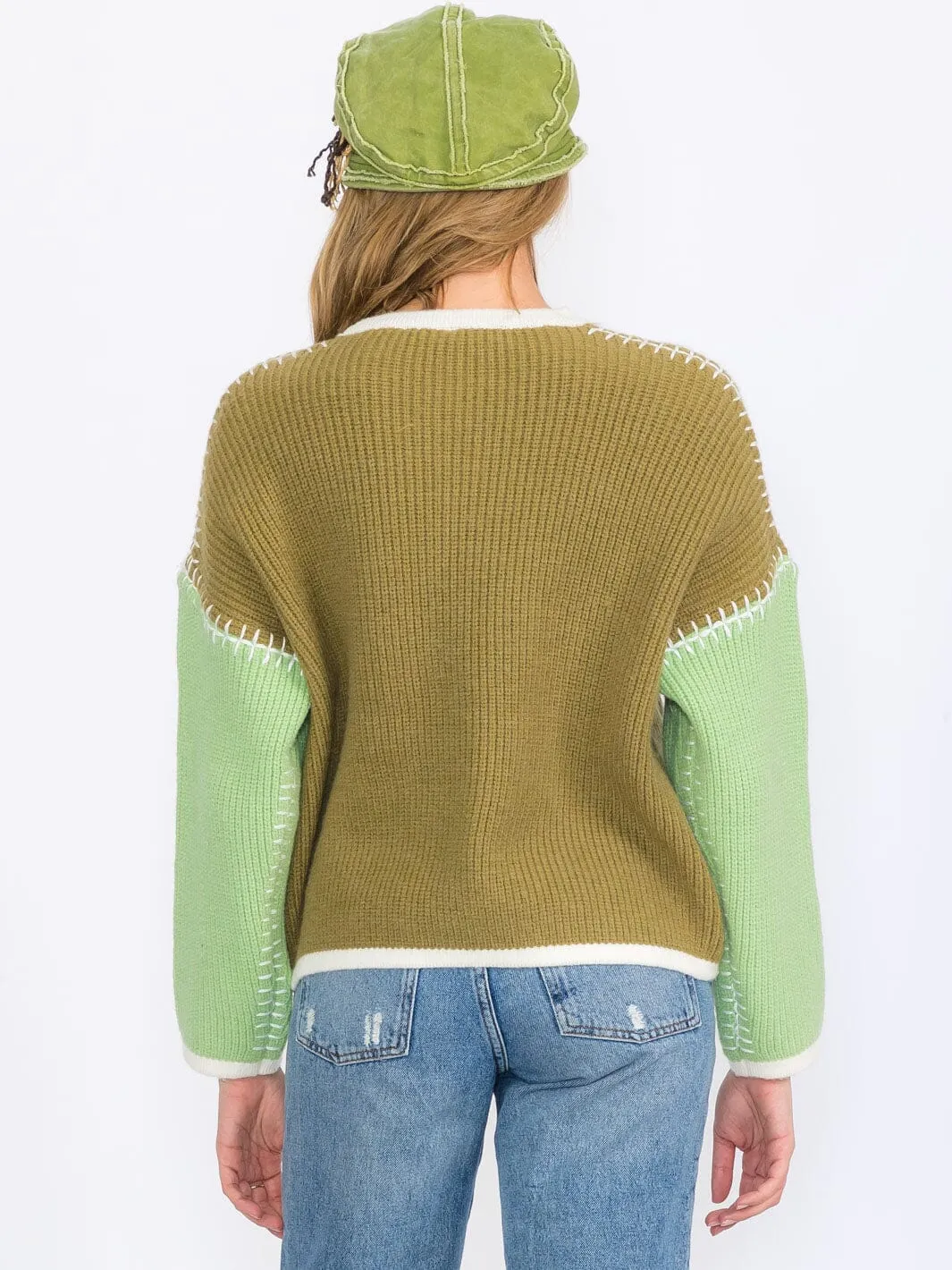 WOMEN'S LONG SLEEVES BUTTON UP COLORBLOCK CARDIGAN SWEATER
