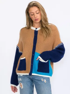 WOMEN'S LONG SLEEVES BUTTON UP COLORBLOCK CARDIGAN SWEATER