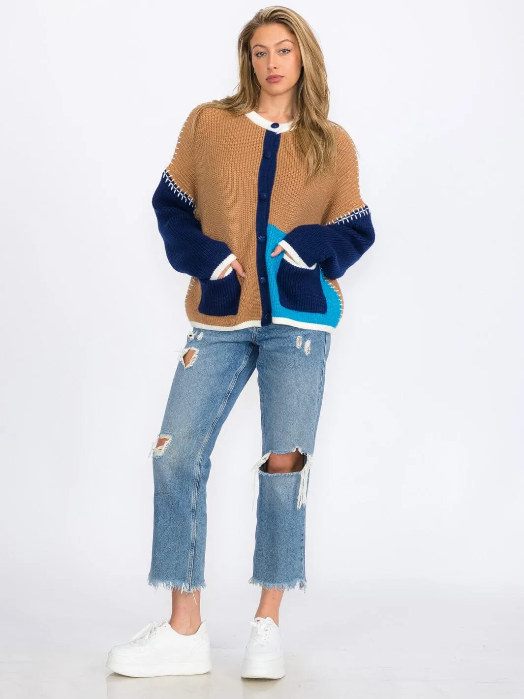WOMEN'S LONG SLEEVES BUTTON UP COLORBLOCK CARDIGAN SWEATER