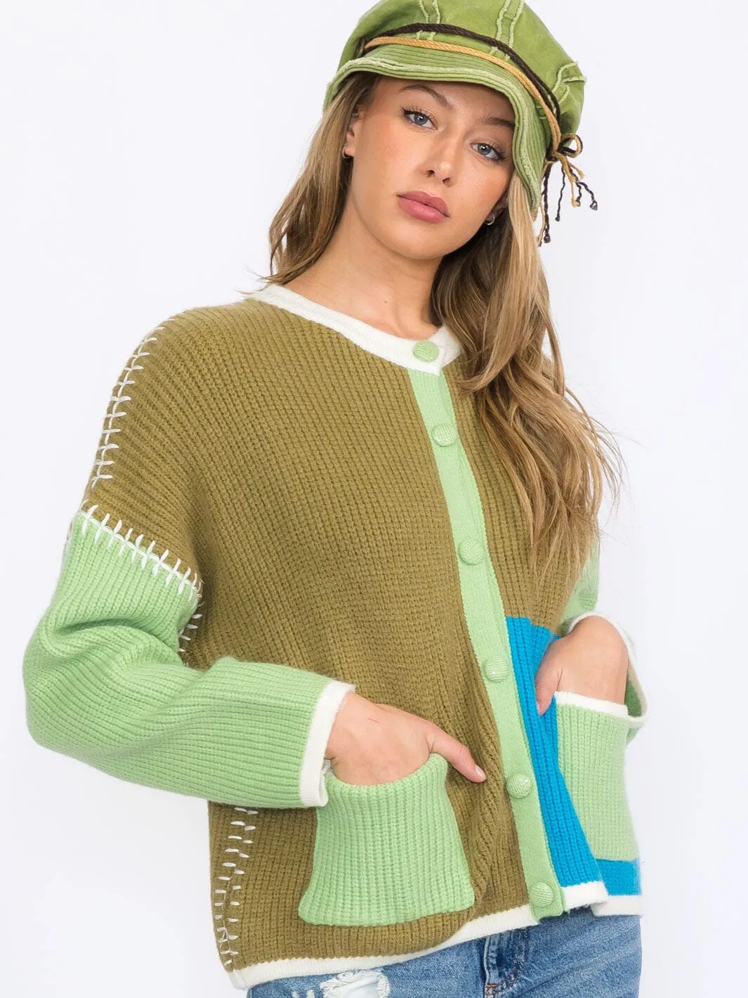 WOMEN'S LONG SLEEVES BUTTON UP COLORBLOCK CARDIGAN SWEATER