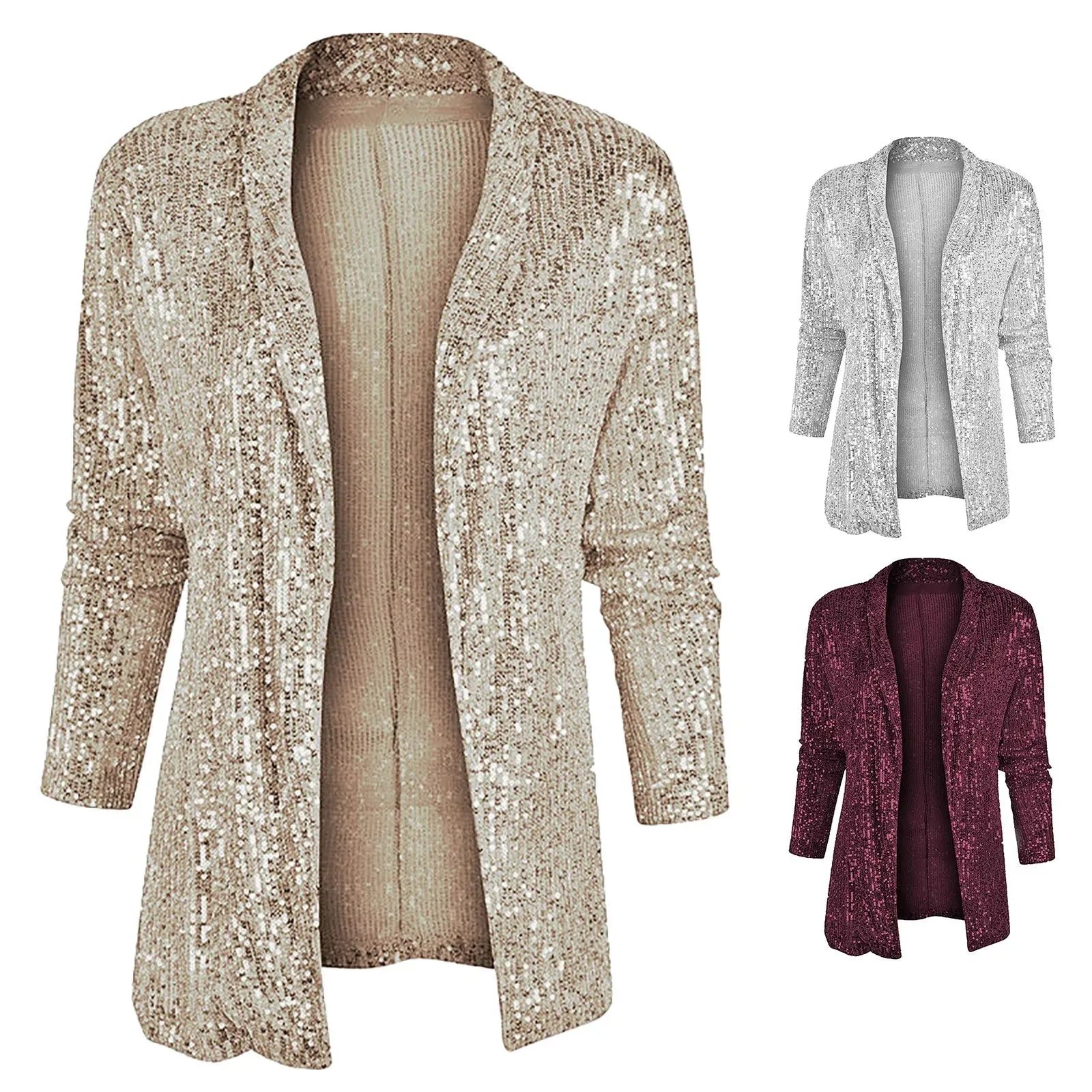 Women's Sequin Long Sleeve Jacket Medium Long Small Suit Lapel Solid Color Blazers Coat Womens Plus Size Open Front Outwears