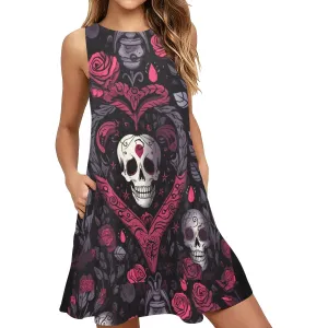 Women's Skull In A Pink Heart Sleeveless Pocket Dress