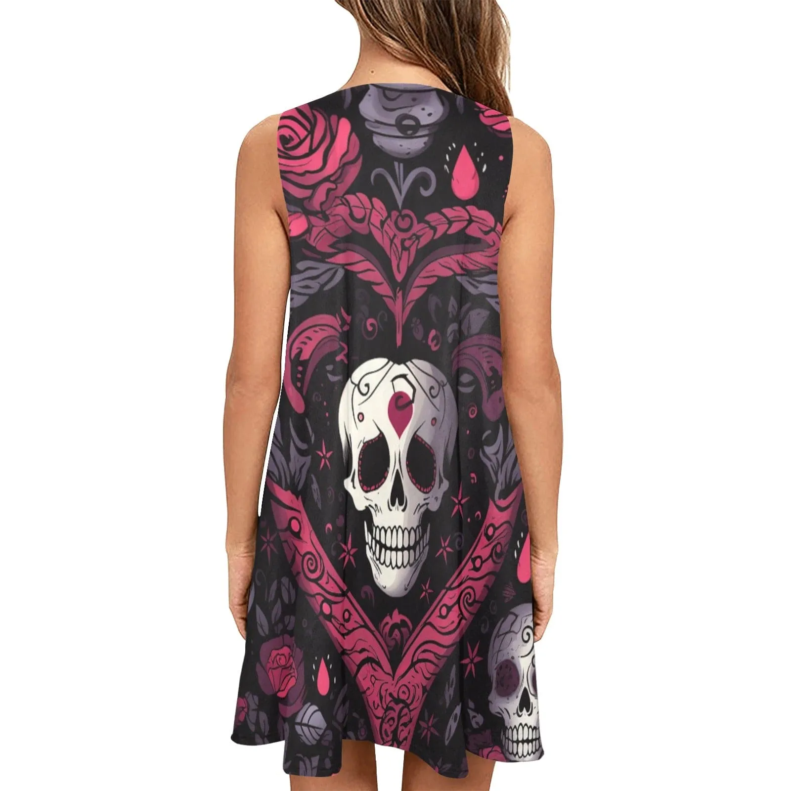 Women's Skull In A Pink Heart Sleeveless Pocket Dress