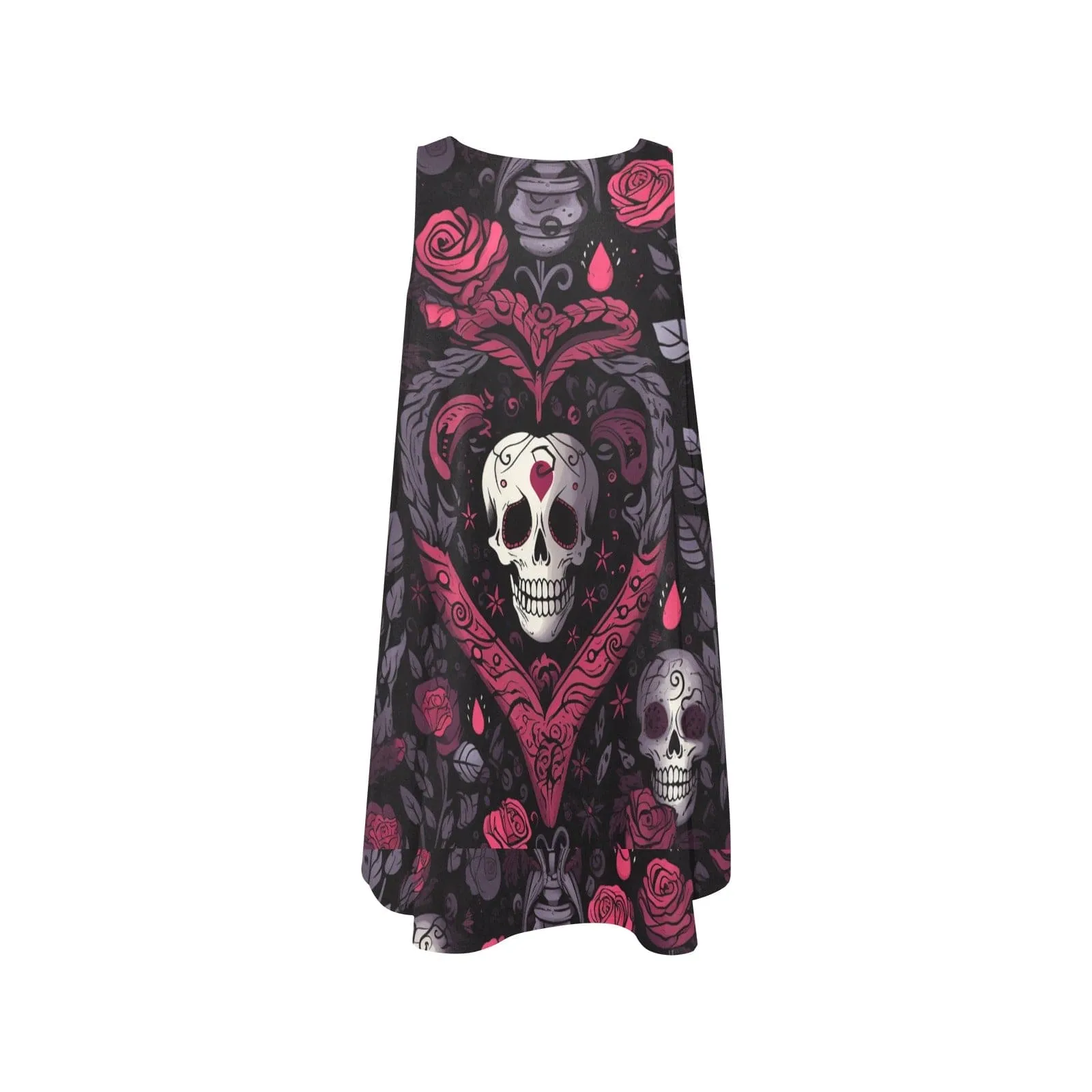 Women's Skull In A Pink Heart Sleeveless Pocket Dress