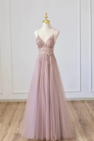 Yareli | Pink Tulle Long A-Line Prom Dress, Pink Spaghetti Formal Dress with Beaded